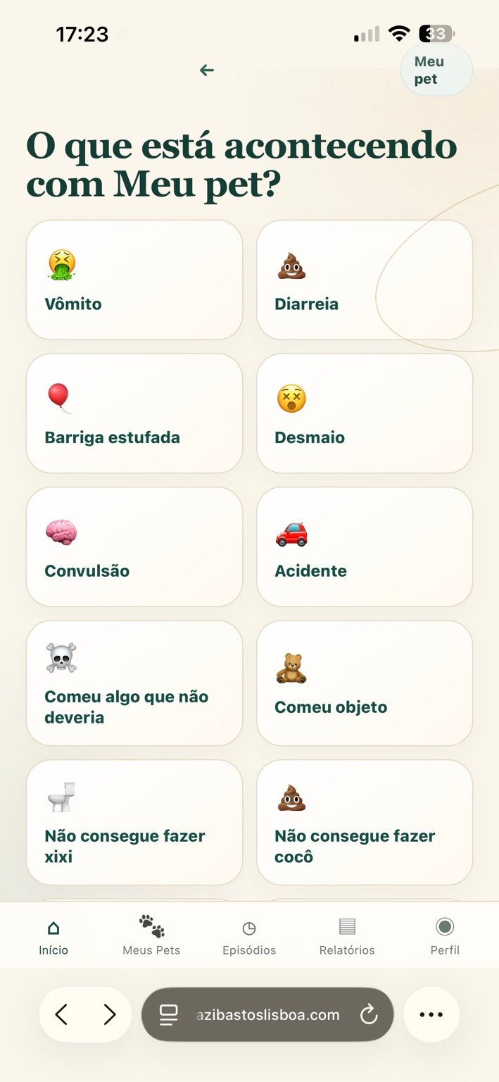 Tela do SOS PET com situações